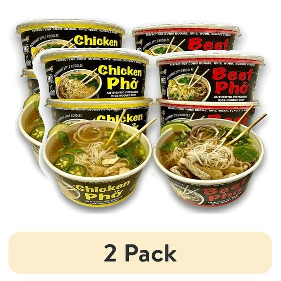 (2 pack) Pholicious Instant Pho Variety Pack, Vietnamese Rice Noodle Soup, 4 Count Combo Box, 2 Chicken & 2 Beef Single Serve 3.6 Ounce Bowls, Ramen Alternative & Fresh Ingredients, As Seen on Shark Tank