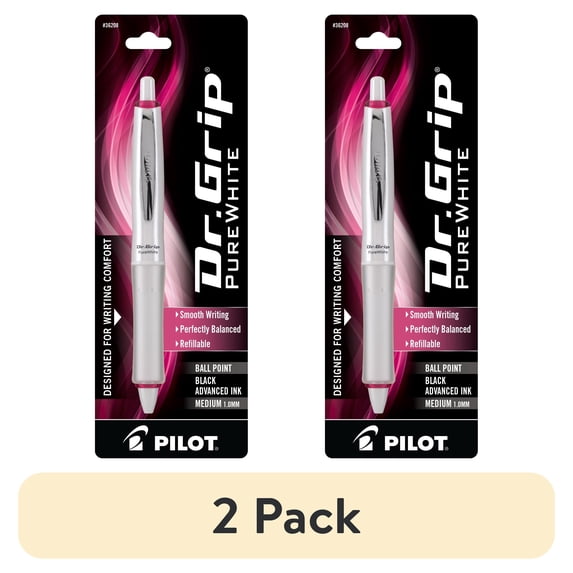 (2 pack) Pilot Dr. Grip PureWhite Ergonomic Retractable Ballpoint Pen, Medium Point, Black Ink, 1 Count