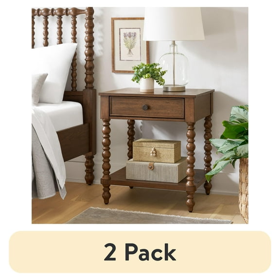 (2 pack) The Pioneer Woman Harper Spindle Nightstand with USB Charging Ports, Homestead Brown
