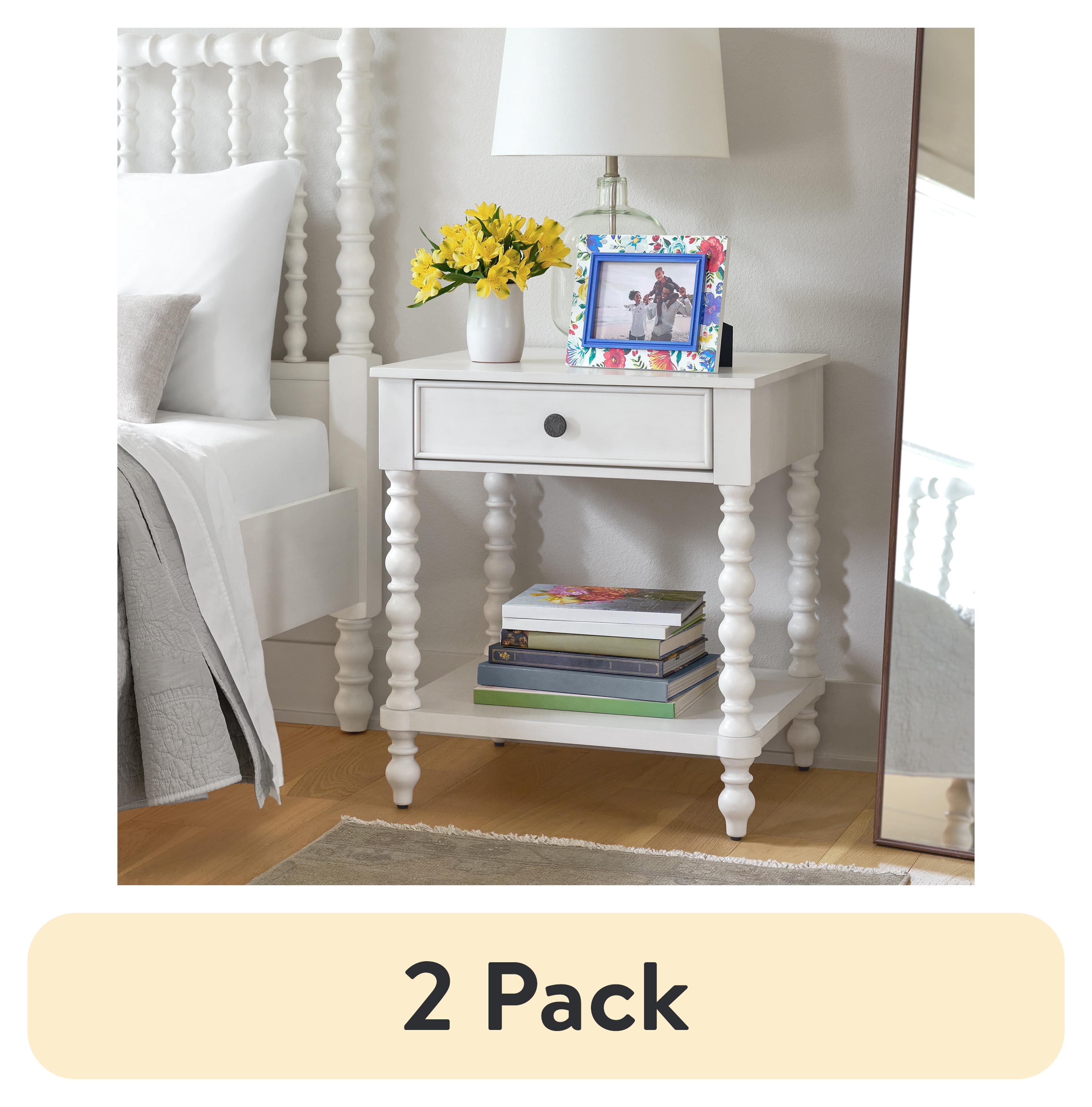 (2 pack) The Pioneer Woman Harper Spindle Nightstand with USB Charging Ports, Adults and Teens, White Finish
