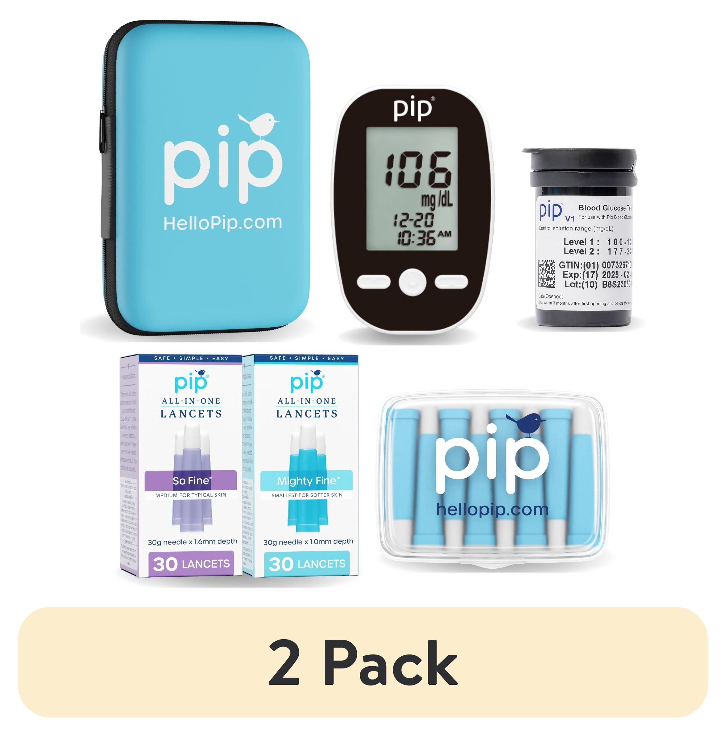 (2 pack) Pip V1 Blood Glucose Monitor Kit with Preloaded Safety Lancets, 50 Test Strips, & Travel Case