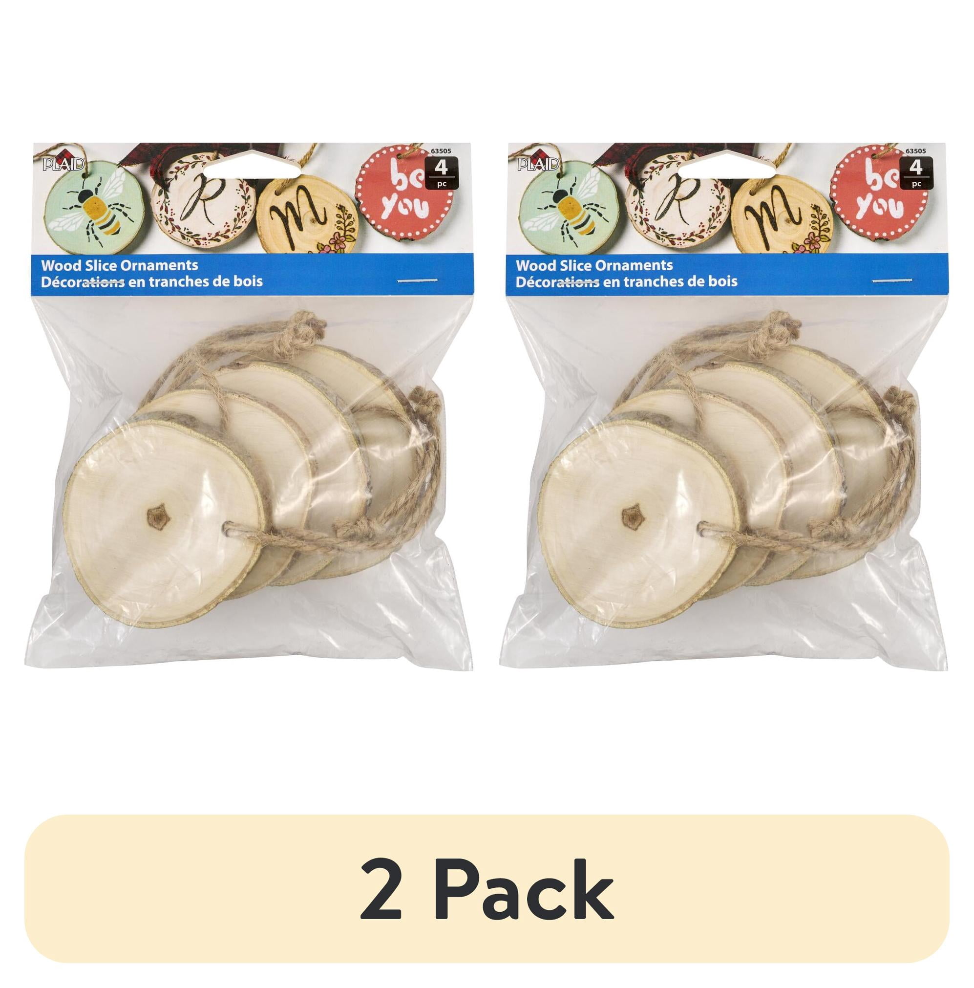 (2 pack) Plaid Wood Surface Pine Ornaments, Set of 4, 2.5"