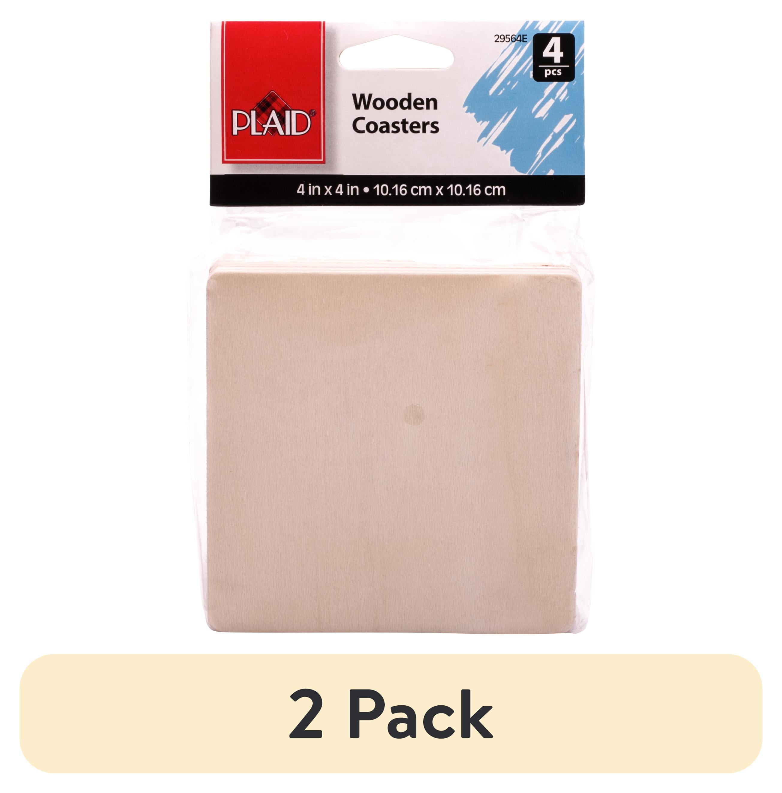 (2 pack) Plaid Unpainted Wood Surface, Square Coasters Set, 4 Piece, 4" x 4"