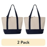 (2 pack) Planet E Deluxe Reusable Canvas Shopping Bag, Large Grocery Tote Bag, Navy/Beige