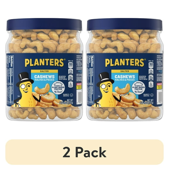 (2 pack) PLANTERS Salted Cashew Halves and Pieces, Party Snacks, Plant-Based Protein, 26 oz Canister