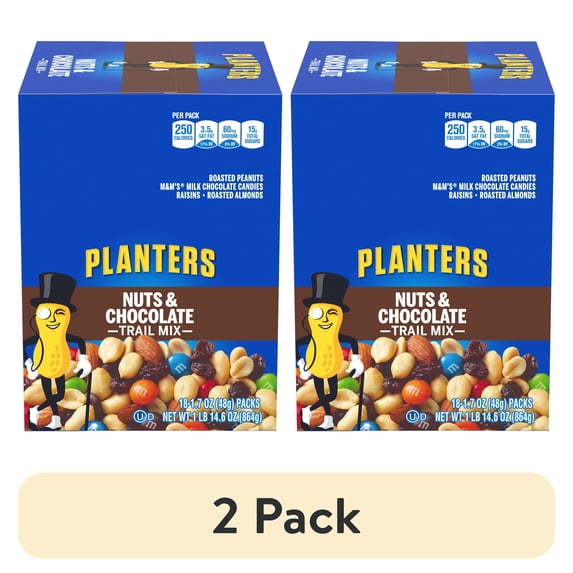 (2 pack) Planters Nuts & Chocolate Trail Mix Roasted Peanuts, M&M Chocolate Candies, Raisins Roasted Almonds, 18 ct Box, 1.7 oz Packs