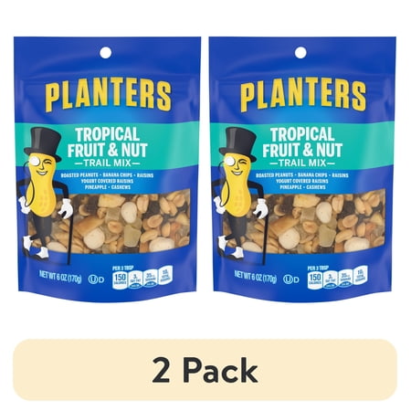 (2 pack) Planters Tropical Fruit & Nut Trail Mix with Roasted Peanuts, Banana Chips, Raisins, Yogurt Raisins, Pineapple & Cashews, 6 oz Bag