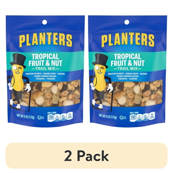 (2 pack) Planters Tropical Fruit & Nut Trail Mix with Roasted Peanuts, Banana Chips, Raisins, Yogurt Raisins, Pineapple & Cashews, 6 oz Bag