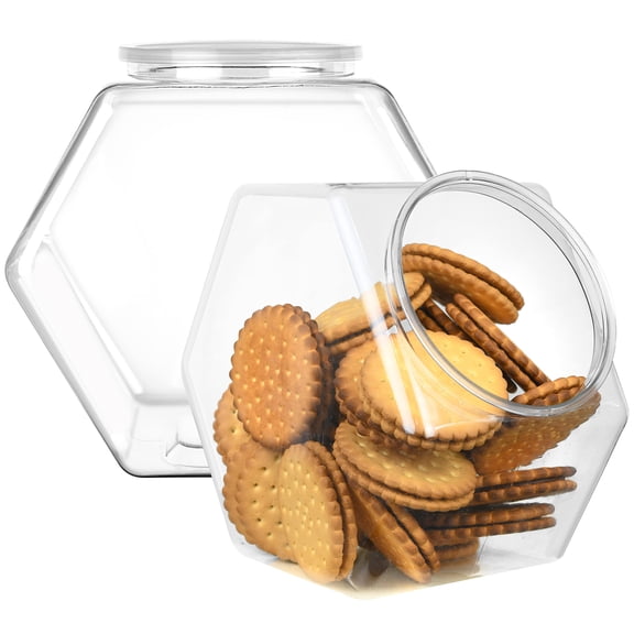 2-pack Plastic Cookie Jar 1.5 Gallon (197oz) - Large Hexagon Candy Dish With Lid For Kitchen Bowl Office Sugar And Flour Containers Labels