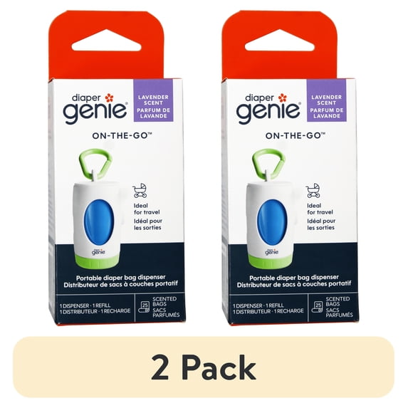 (2 pack) Diaper Genie On-The-Go Dispenser, Portable Diaper Bag Dispenser, Lavender Scent