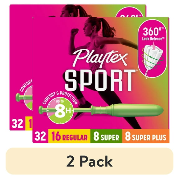 (2 pack) Playtex Sport Tampons, Unscented, Regular/Super/Super Plus Absorbency, 32 Count
