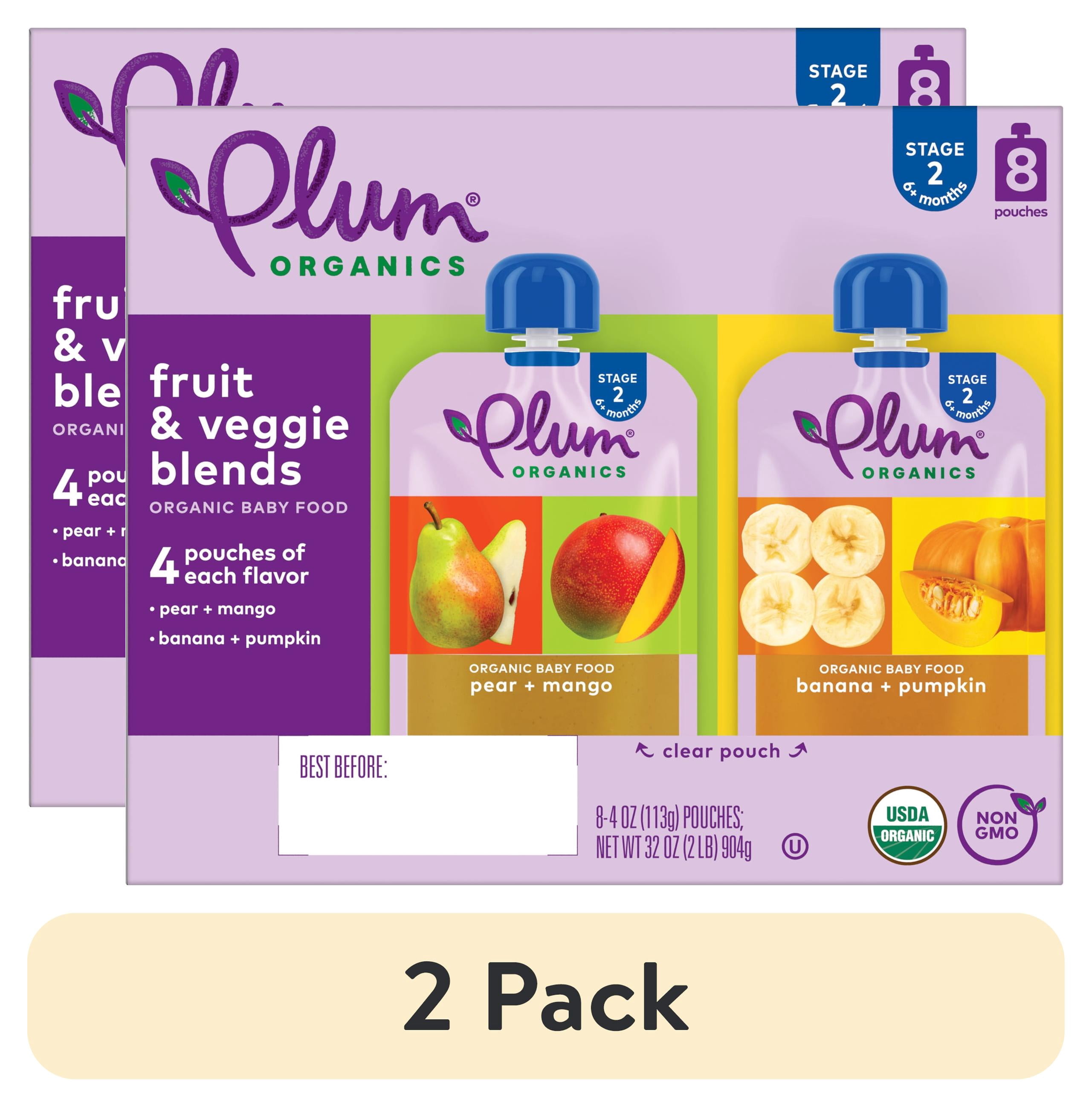 (2 pack) Plum Organics® Stage 2 Fruit & Veggie Blends Organic Baby Food Pear + Mango and Banana + Pumpkin 4oz Pouch-8-Pack