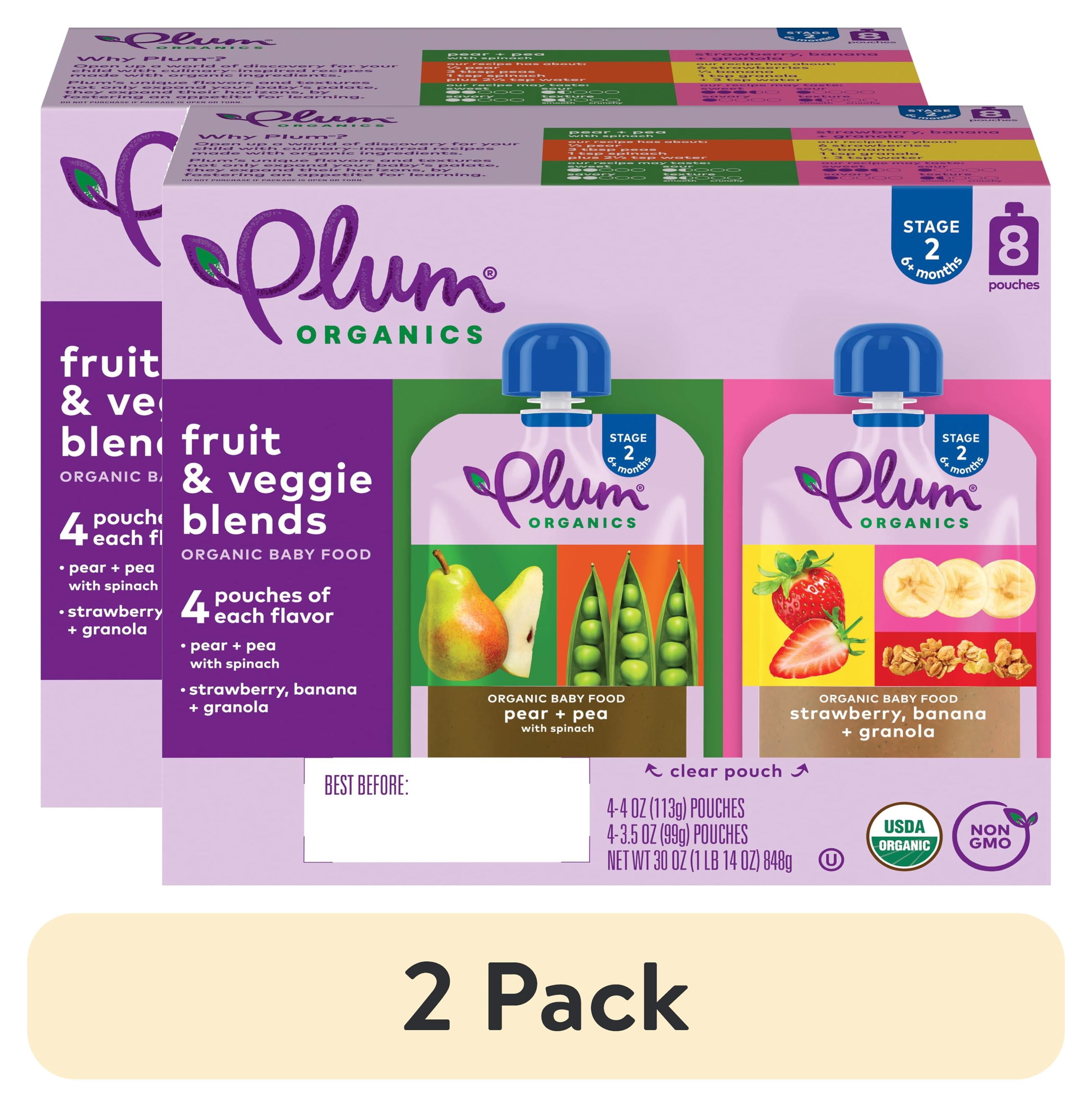 (2 pack) Plum Organics® Stage 2 Fruit & Veggie Blends Organic Baby Food Pear + Pea with Spinach and Strawberry, Banana + Granola 8-Pack