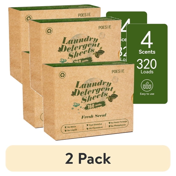 (2 pack) Poesie Laundry Detergent Sheets, Fresh Scent, Liquidless, 320 Count, 160 Loads, 2 Pack