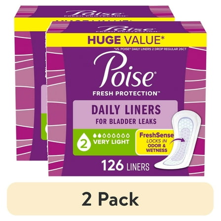 (2 pack) Poise Daily Incontinence Panty Liners, 2 Drop Very Light Absorbency, Regular, 126 Count
