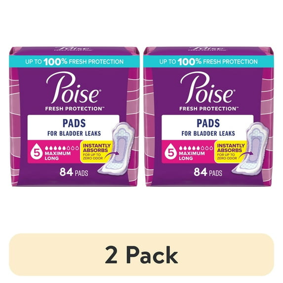 (2 pack) Poise Incontinence Pads for Women, 5 Drop Maximum Absorbency, Long Length, 84 Count