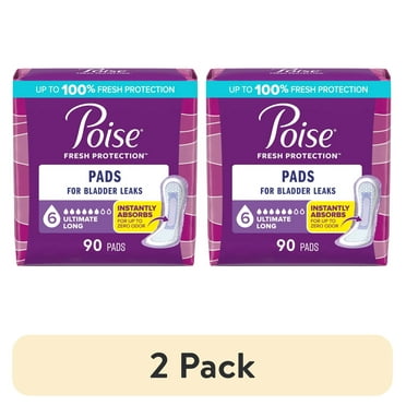 (2 pack) Poise Incontinence Pads for Women, 6 Drop Ultimate Absorbency, Long Length, 90 Count
