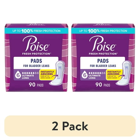 (2 pack) Poise Incontinence Pads for Women, 6 Drop Ultimate Absorbency, Long Length, 90 Count