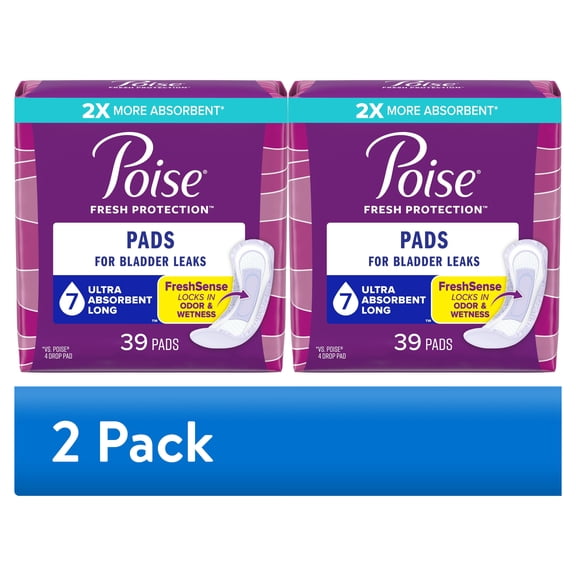 (2 pack) Poise Incontinence & Postpartum Pads for Bladder Leaks, 7 Drop Ultra Absorbency, Long Length, 39 Count