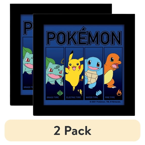 (2 pack) Silver Buffalo Pokemon Starter Binding Types Gel Coat 6" x 6" Framed MDF Modern Wall Art