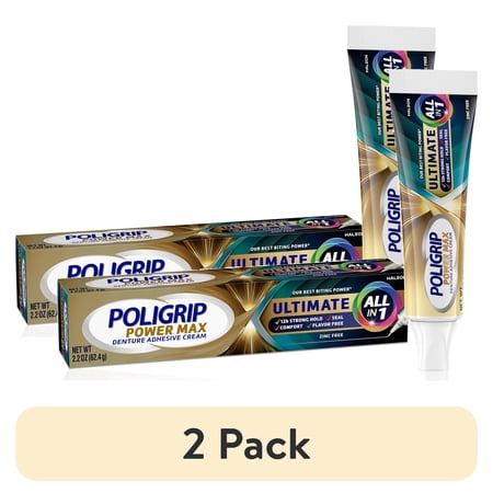 (2 pack) Poligrip Power Max Ultimate All-In-1 Denture Adhesive Cream, Zinc Free, 2.2 Oz