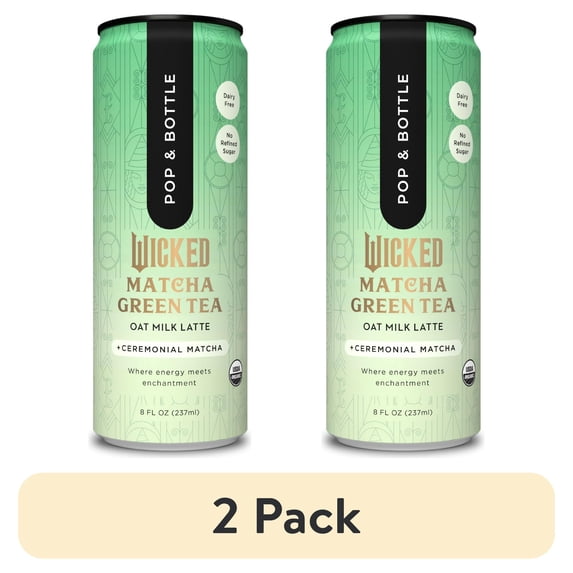 (2 pack) Pop & Bottle Matcha Oat Milk Latte + Reishi & Maitake, Organic, Shelf-Stable, Ambient 8 fl oz