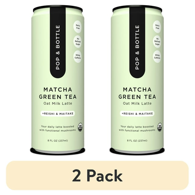 (2 pack) Pop & Bottle Matcha Oat Milk Latte + Reishi & Maitake, Organic, Shelf-Stable, Ambient 8 fl oz