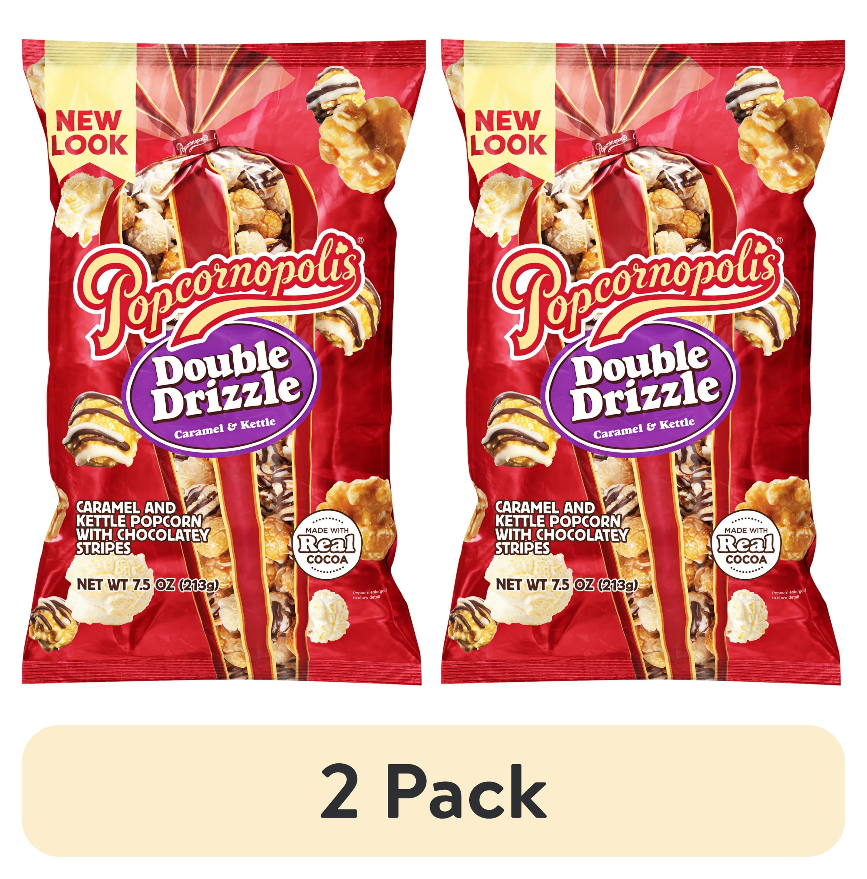 (2 pack) Popcornopolis Double Drizzle 7.5 oz Bag, Caramel and Kettle with Chocolatey Stripes Popcorn