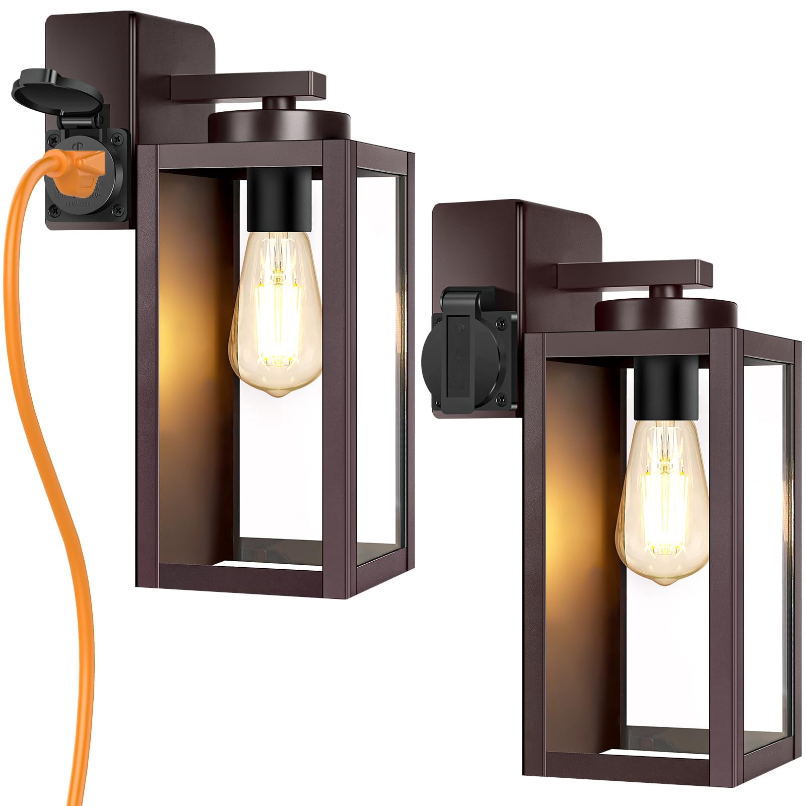 2-pack Porch Lights With Ul Certified Outlet  Modern Outdoor Wall Exterior Lighting Fixtures Waterproof Sconces Outside For House Front Door Garage Brown