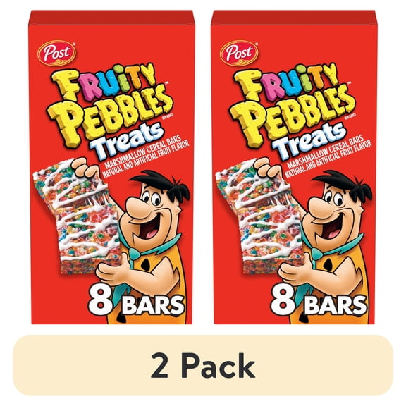 (2 pack) Post Fruity PEBBLES Treats, Crunchy Ready-to-Eat, Shelf-Stable 8 Count Box