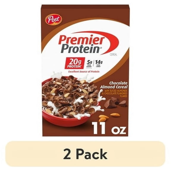 (2 pack) Post Premier Protein Chocolate Almond Cereal, Chocolatey Protein Cereal, Crunchy 11 oz Box