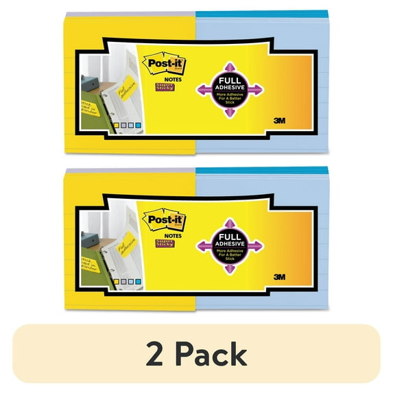 (2 pack) Post-it Super Sticky Full Adhesive Notes, 3" x 3", 12 Pads
