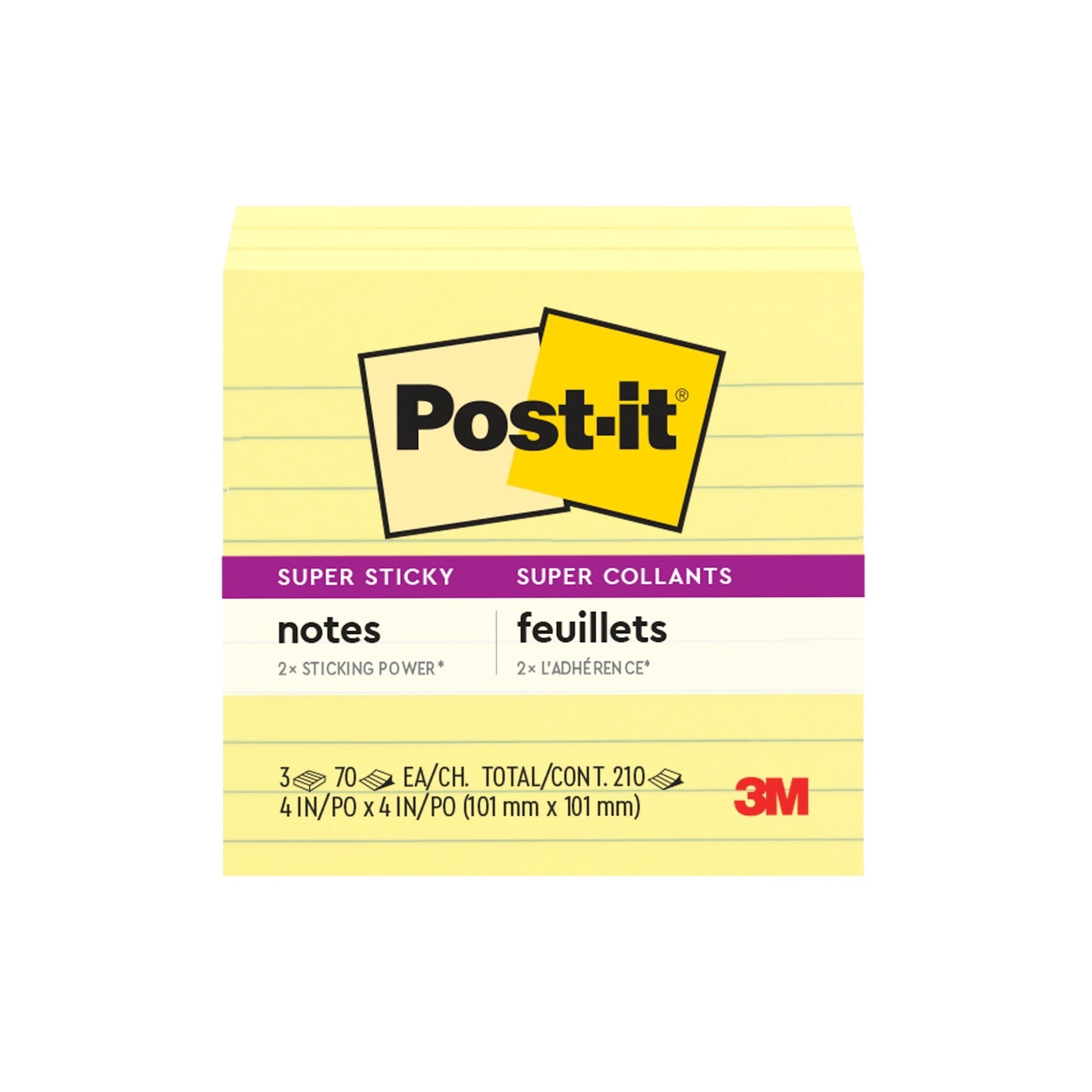 (2 pack)Post-it Super Sticky Lined Notes, 4 in x 4 in, Canary Yellow, 3 Pads