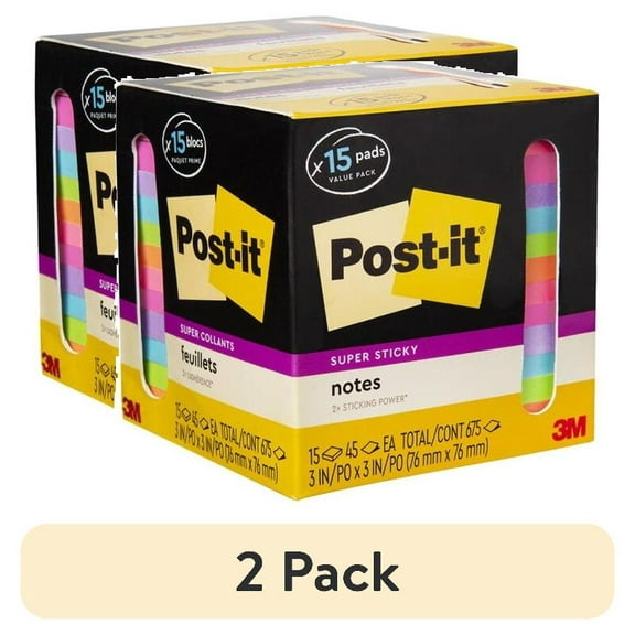(2 pack) Post-it Super Sticky Notes, 3 in. x 3 in., Assorted Bright colors, 15 Pads