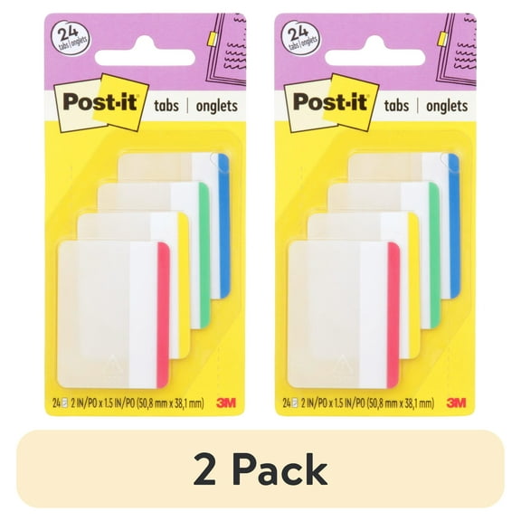 (2 pack) Post-it Tabs, 2 in., Lined, 6 Assorted Primary Colors, 24 Tabs