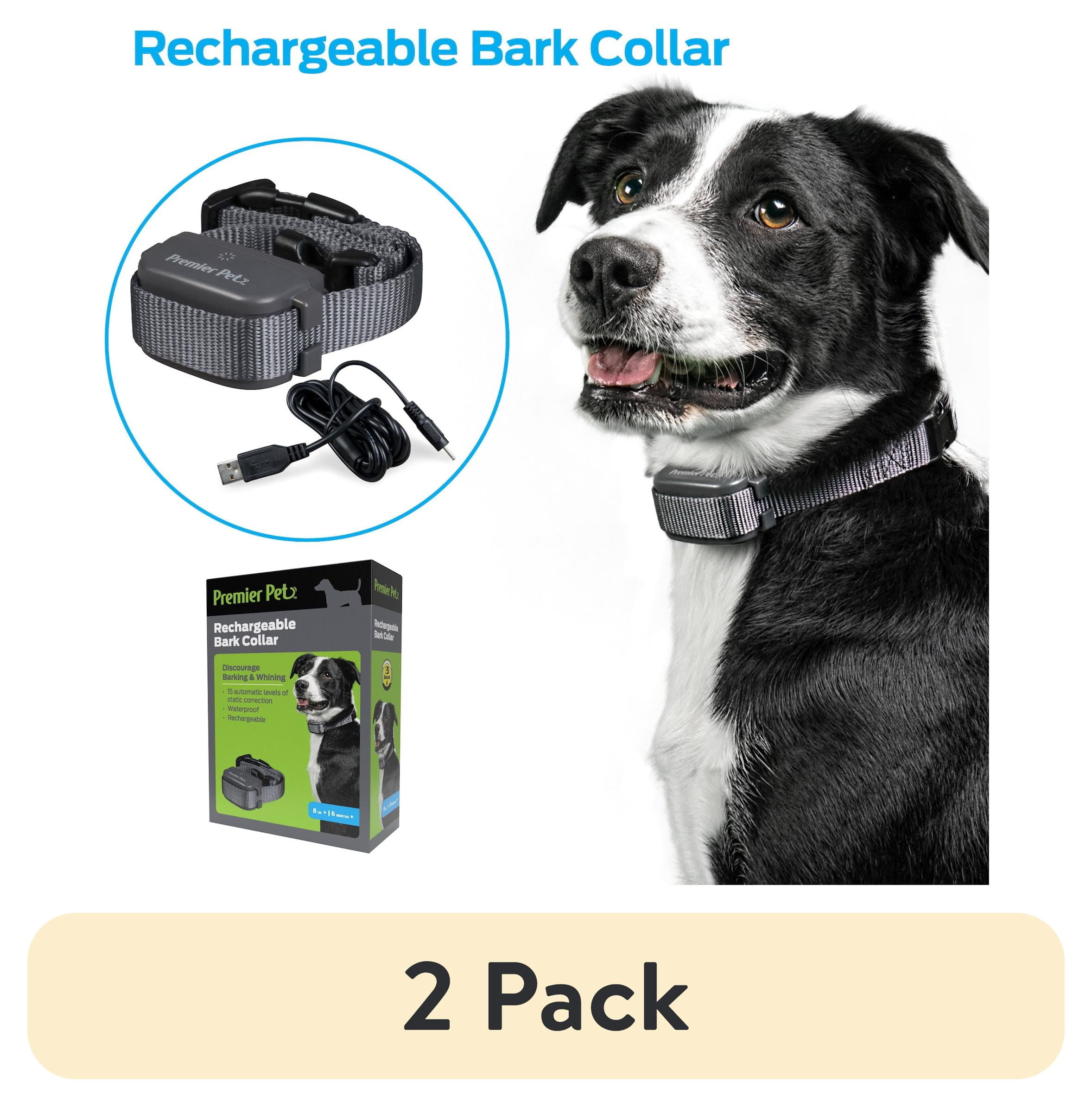 (2 pack) Premier Pet Rechargeable Bark Collar: Discourages Barking & Whining for All Size Dogs, Rechargeable, Adjustable, Waterproof, Gentle Static Correction, Low Battery Indicator, No Programming Required