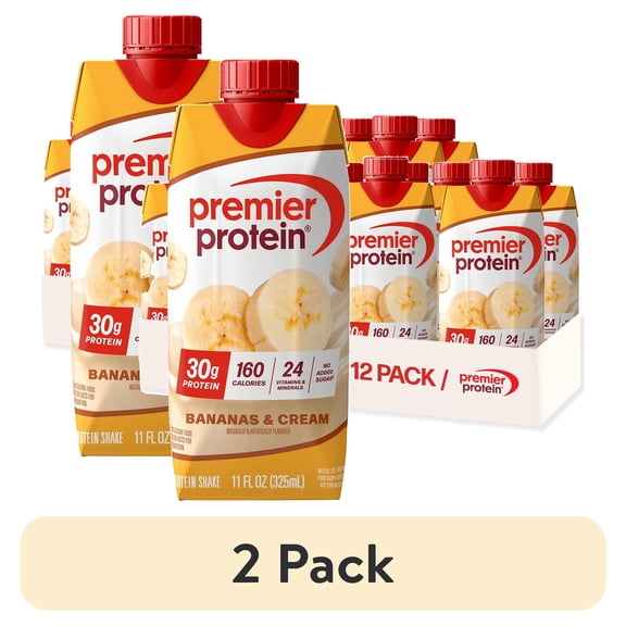 (2 pack) Premier Protein Shake, Bananas & Cream, 30g Protein, 11 fl oz, 12 Ct
