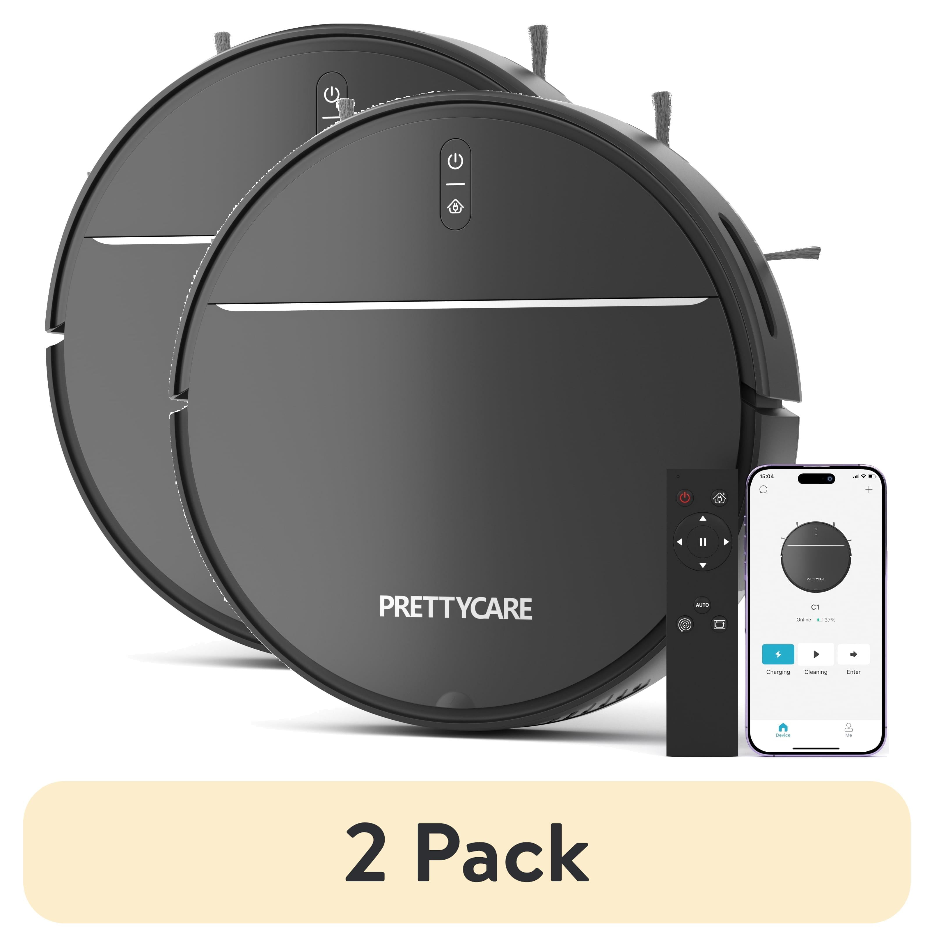 (2 pack) PrettyCare Robot Vacuum Cleaner with 2800Pa,Featured Carpet Boost,Tangle-Free,Ultra Slim,Self-Charging C1
