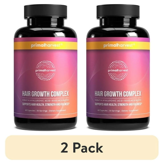 (2 pack) Primal Harvest Hair Growth Complex with Biotin, Keratin, and Niacin Supplement, 60 Capsules