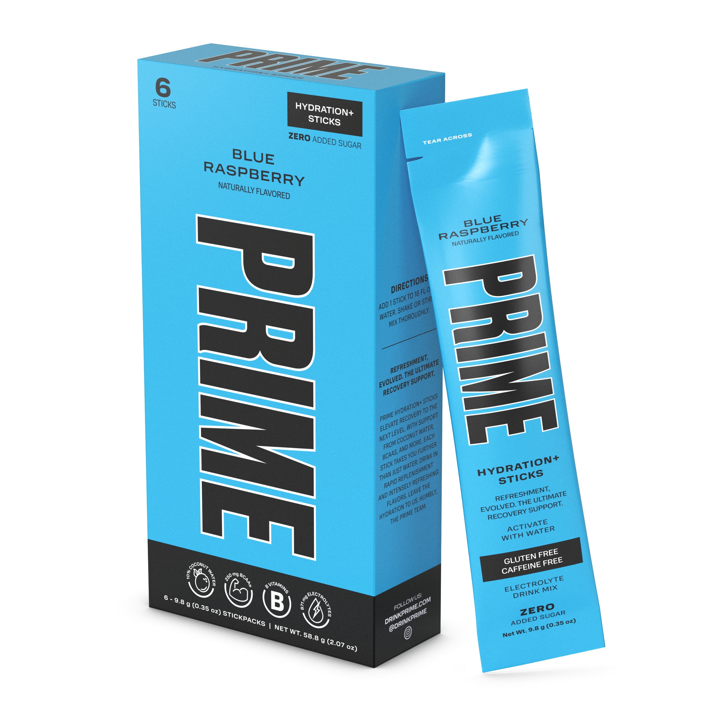 (2 pack) Prime Hydration Sticks, Blue Raspberry, 6 Count, Electrolytes, Zero Sugar