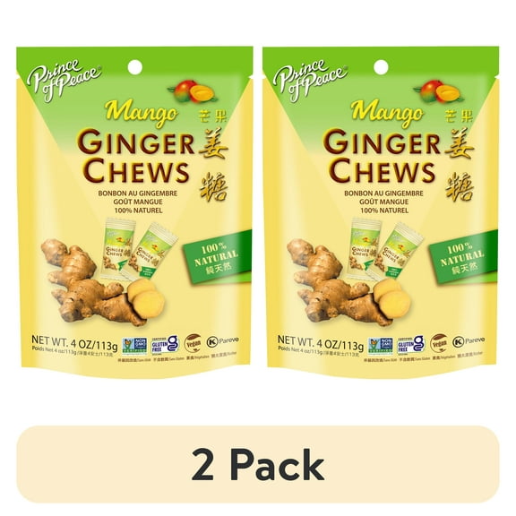 (2 pack) Prince of Peace Ginger Chews, Mango Flavor, 4 oz Bag, Nausea Relief, Kosher, Non-GMO, All Natural