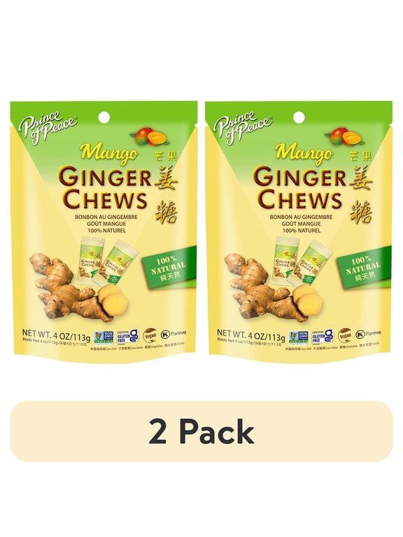 (2 pack) Prince of Peace Ginger Chews, Mango Flavor, 4 oz Bag, Nausea Relief, Kosher, Non-GMO, All Natural
