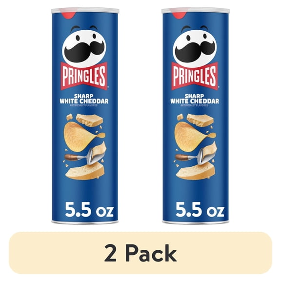 (2 pack) Pringles Sharp White Cheddar Potato Crisps Chips, Lunch Snacks, 5.5 oz Canister