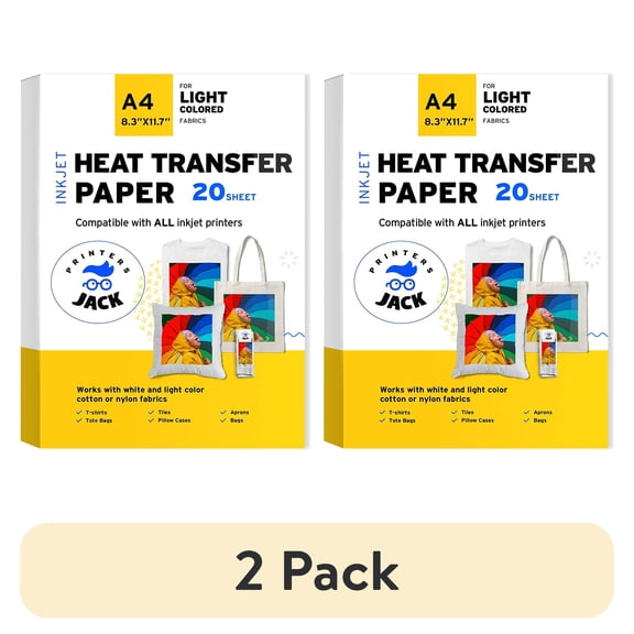 (2 pack) Printers Jack Iron on Heat Transfer Paper for White and Light Fabric, 1 Layer, 20 Sheets 8.3x11.7 inch