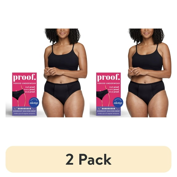 (2 pack) Proof Women's Overnight Absorbency, High Rise Period Underwear, Black, Choose Your Size (S - 2XL)
