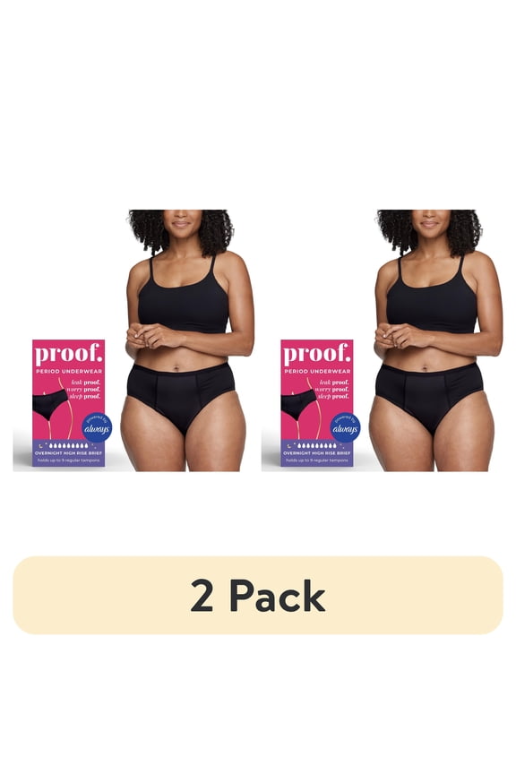(2 pack) Proof Women's Overnight Absorbency, High Rise Period Underwear, Black, Choose Your Size