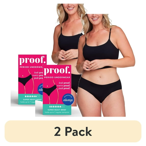 (2 pack) Proof Women's Super Heavy Absorbency, Brief Period Underwear, Black, Choose Your Size