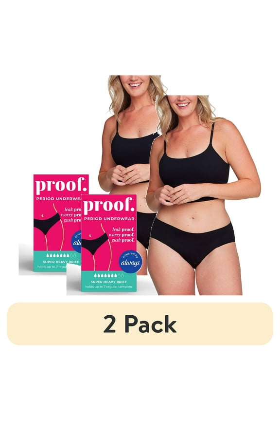 (2 pack) Proof Women's Super Heavy Absorbency, Brief Period Underwear, Black, Choose Your Size