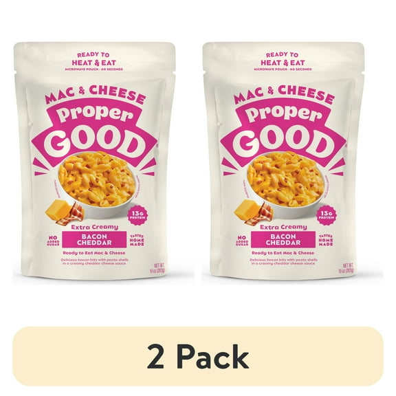 (2 pack) Proper Good Bacon Cheddar Mac & Cheese, Ready in 60 Seconds, Shelf-Stable 10oz Pouch