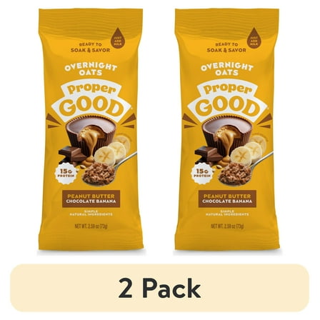 (2 pack) Proper Good Chocolate Banana Peanut Butter Overnight Oats, 15g Protein, Shelf-Stable 2.59 oz packet